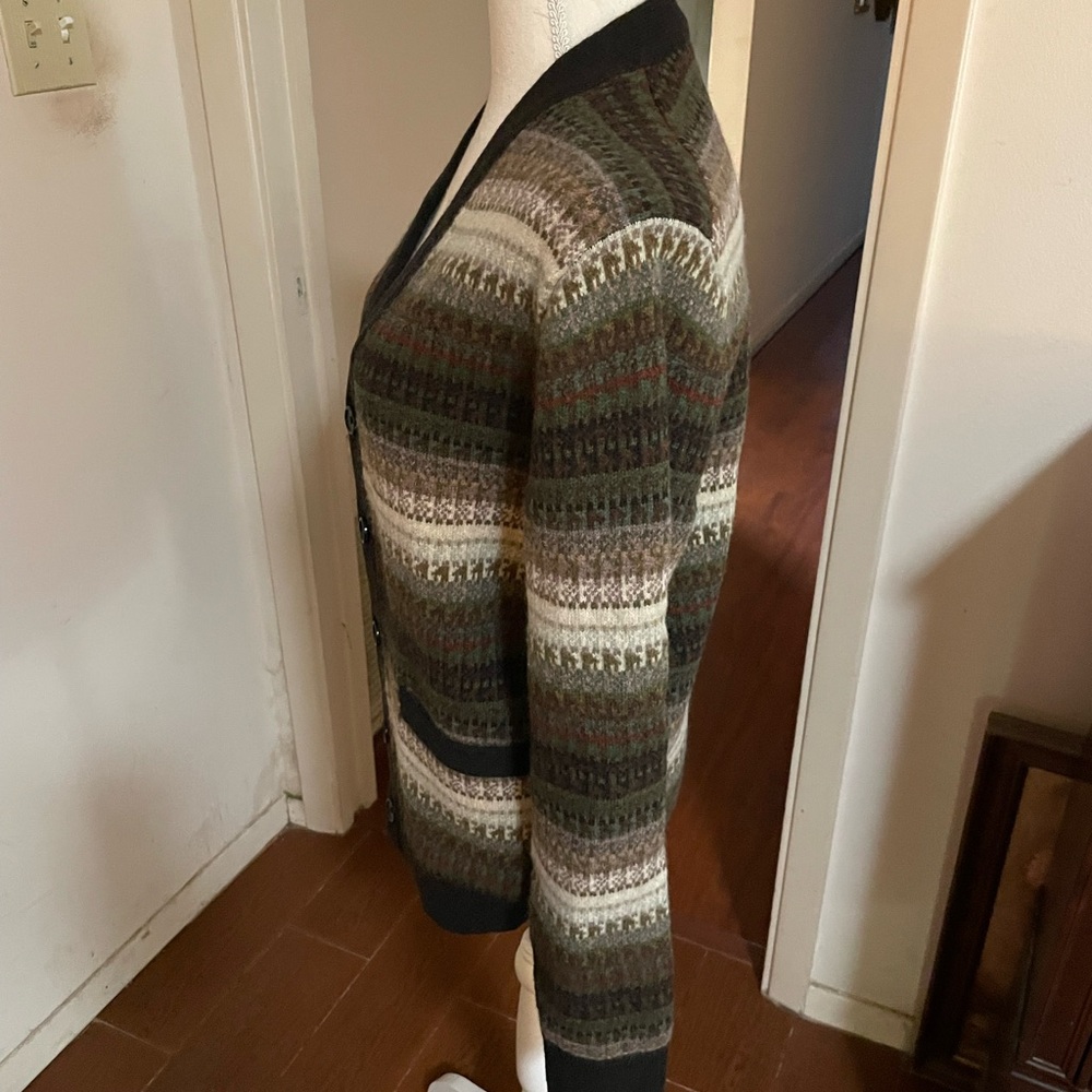 Mens Unisex J Crew Wool Fair Isle Cardigan Sweater Small brown V neck stripe tan - Picture 12 of 16